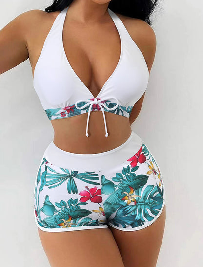 Bikini deportivo de 2 piezas con top halter y short alto estampado tropical