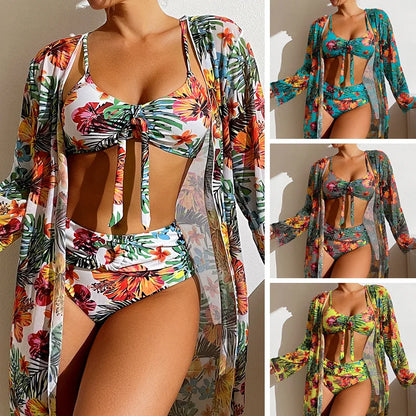 Bikini floral de 3 piezas con braga alta y kimono