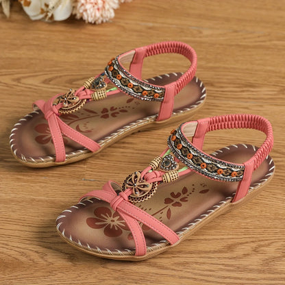 Sandalias boho étnicas con pedrería y tiras cruzadas