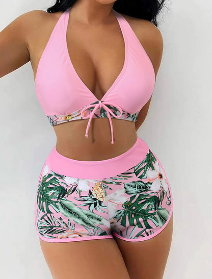 Bikini deportivo de 2 piezas con top halter y short alto estampado tropical