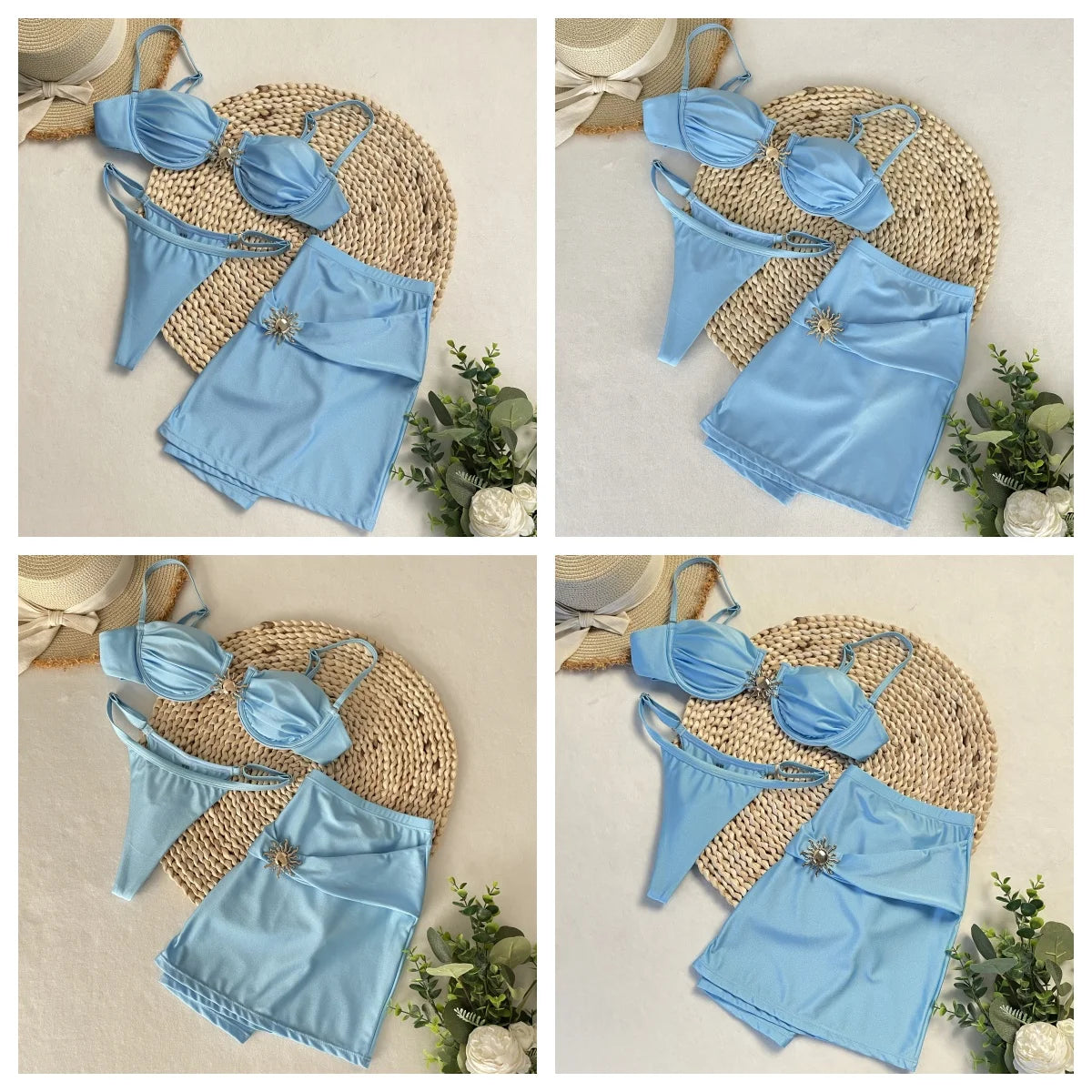 Bikini azul con aro y falda