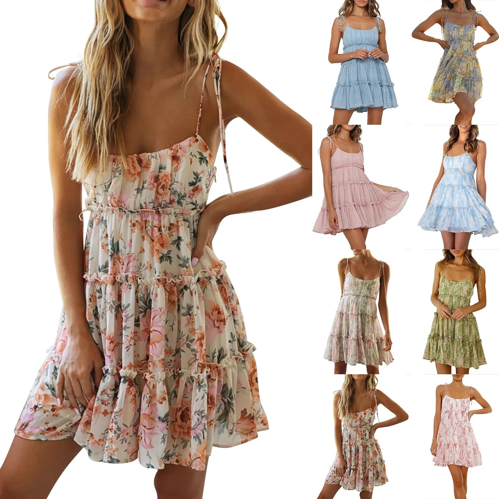 Vestido mini floral con tirantes finos y volantes