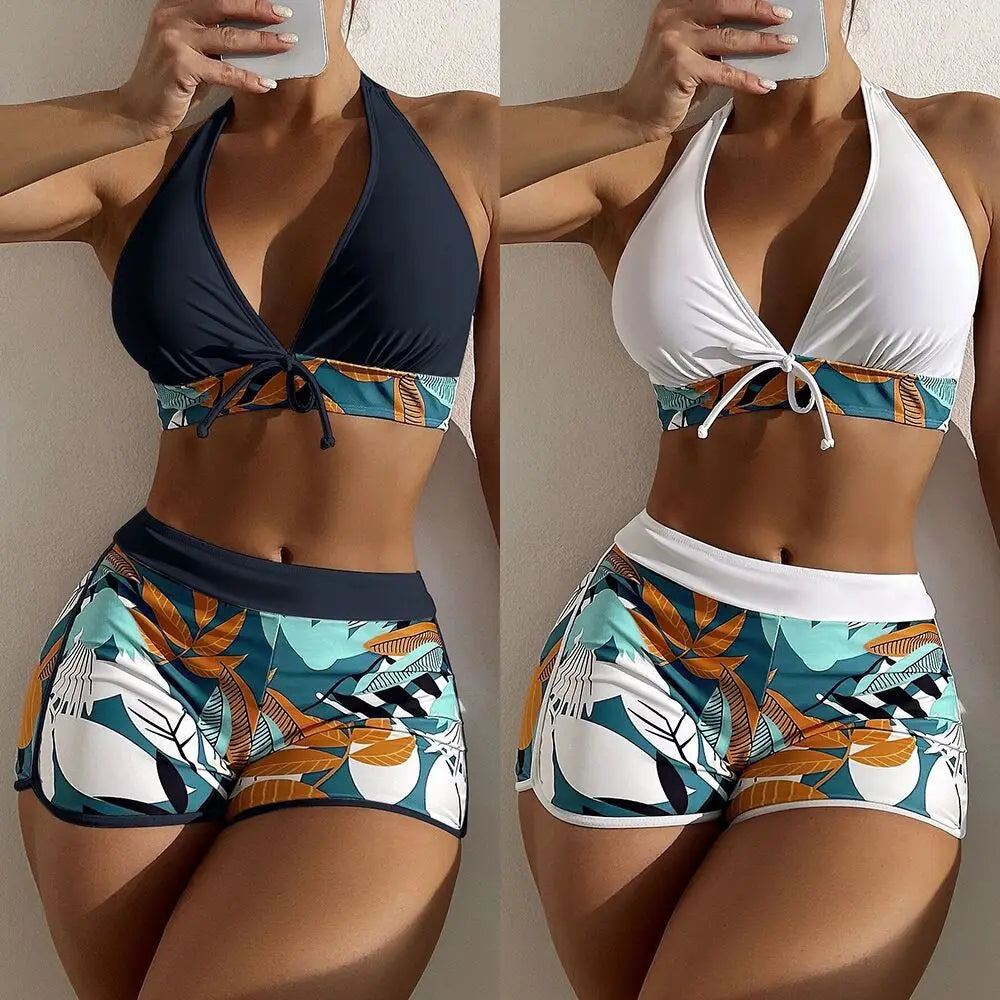 Bikini deportivo de 2 piezas con top halter y short alto estampado tropical