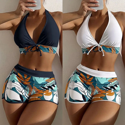 Bikini deportivo de 2 piezas con top halter y short alto estampado tropical