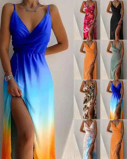 Vestido largo tropical con escote en V y abertura alta