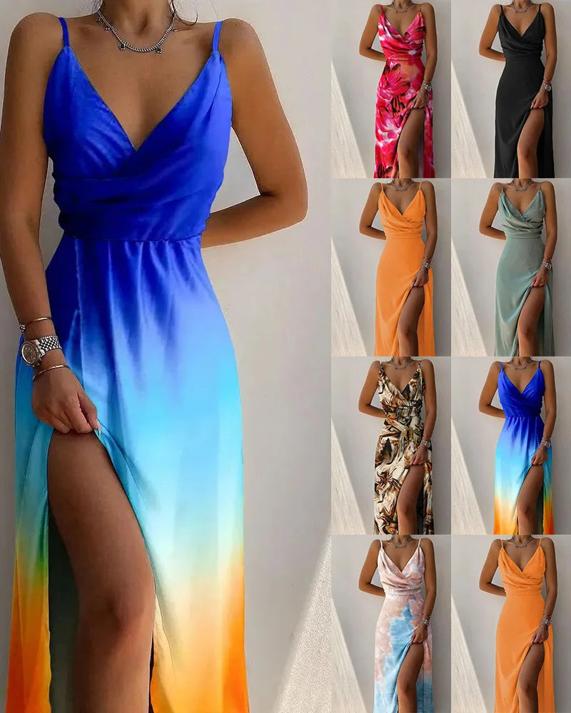 Vestido largo tropical con escote en V y abertura alta