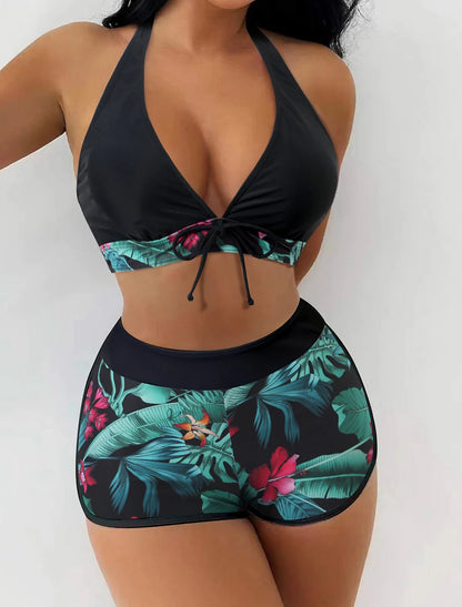 Bikini deportivo de 2 piezas con top halter y short alto estampado tropical