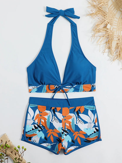 Bikini deportivo de 2 piezas con top halter y short alto estampado tropical
