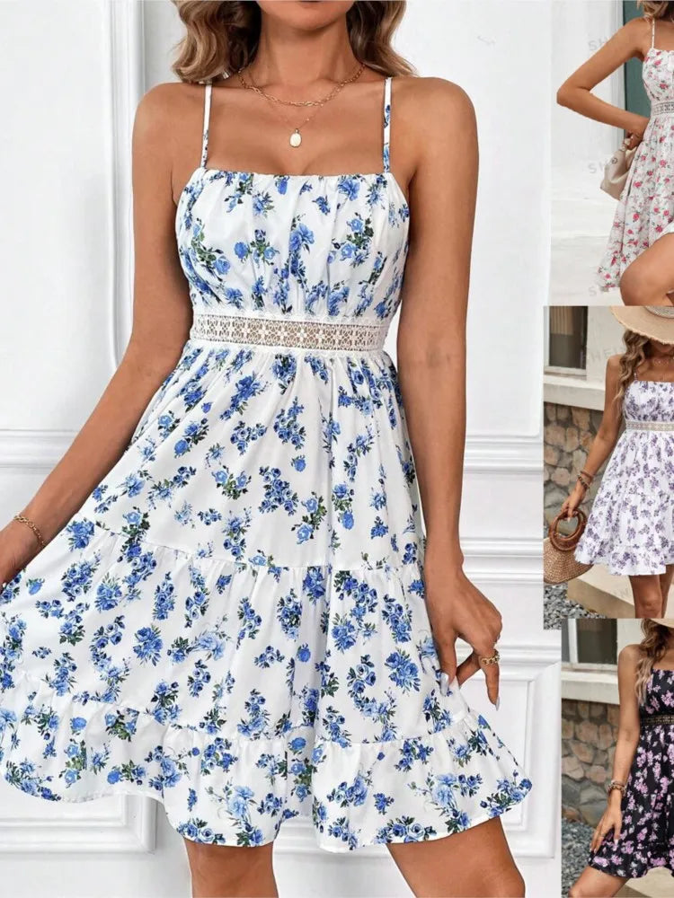 Vestido mini floral blanco con tirantes finos y cintura calada