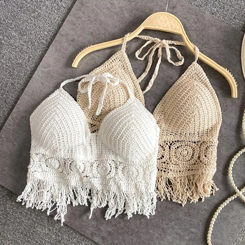 Top crochet con flecos estilo boho ajustable al cuello y espalda