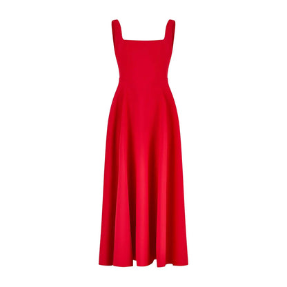 Vestido largo elegante verde oliva con escote cuadrado