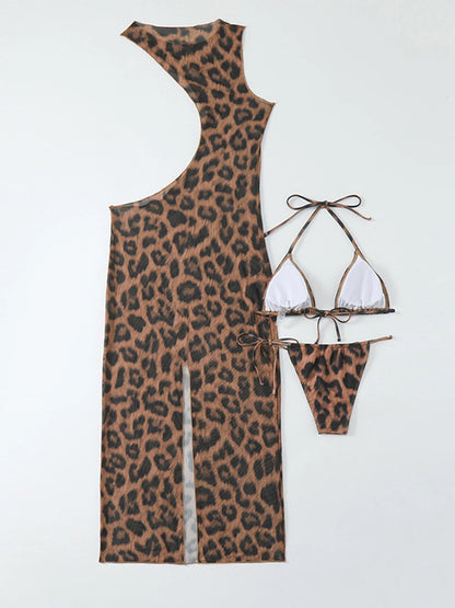 Set de bikini y vestido leopardo de 3 piezas