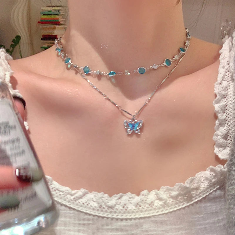 Collar azul cristal doble cadena romántica