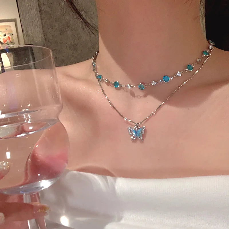 Collar azul cristal doble cadena romántica