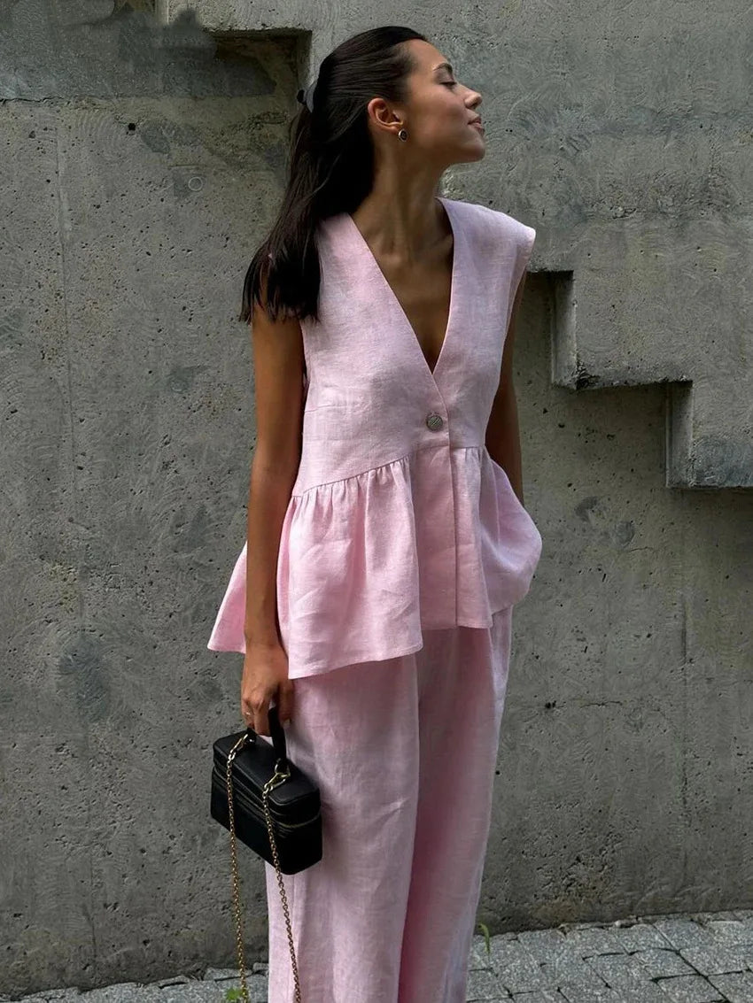 Blush Linen Peplum Set | Maeve