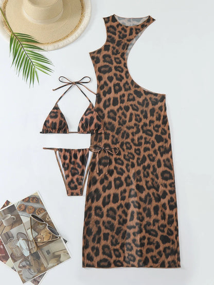 Set de bikini y vestido leopardo de 3 piezas