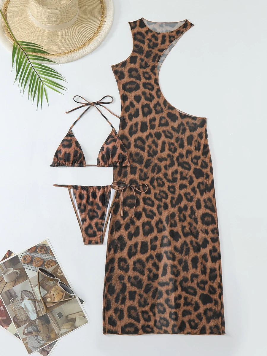 Set de bikini y vestido leopardo de 3 piezas